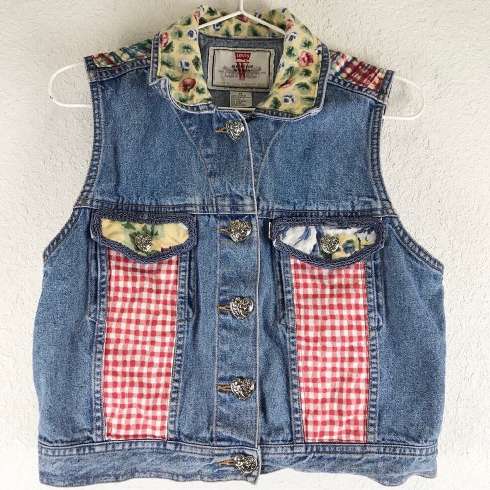 Vintage 90s Levi's Women's Denim Jean Vest Cropped Upcycled Floral Gingham M